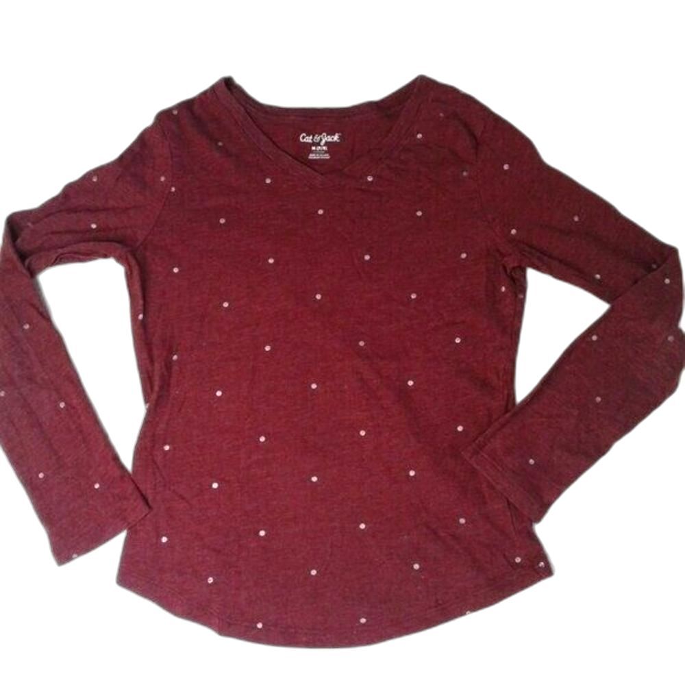 Cat & Jack Girls Maroon & Silver Long Sleeve Top Polka Dots Size Medium 7/8